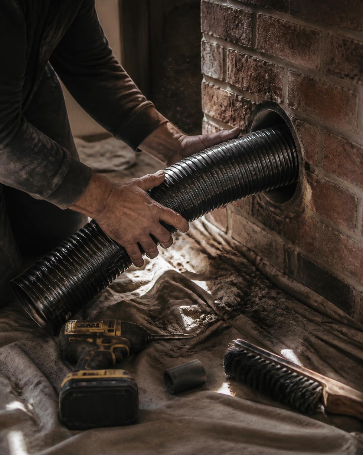 A fitter easing a stainless steel flue liner into a brick chimney breast