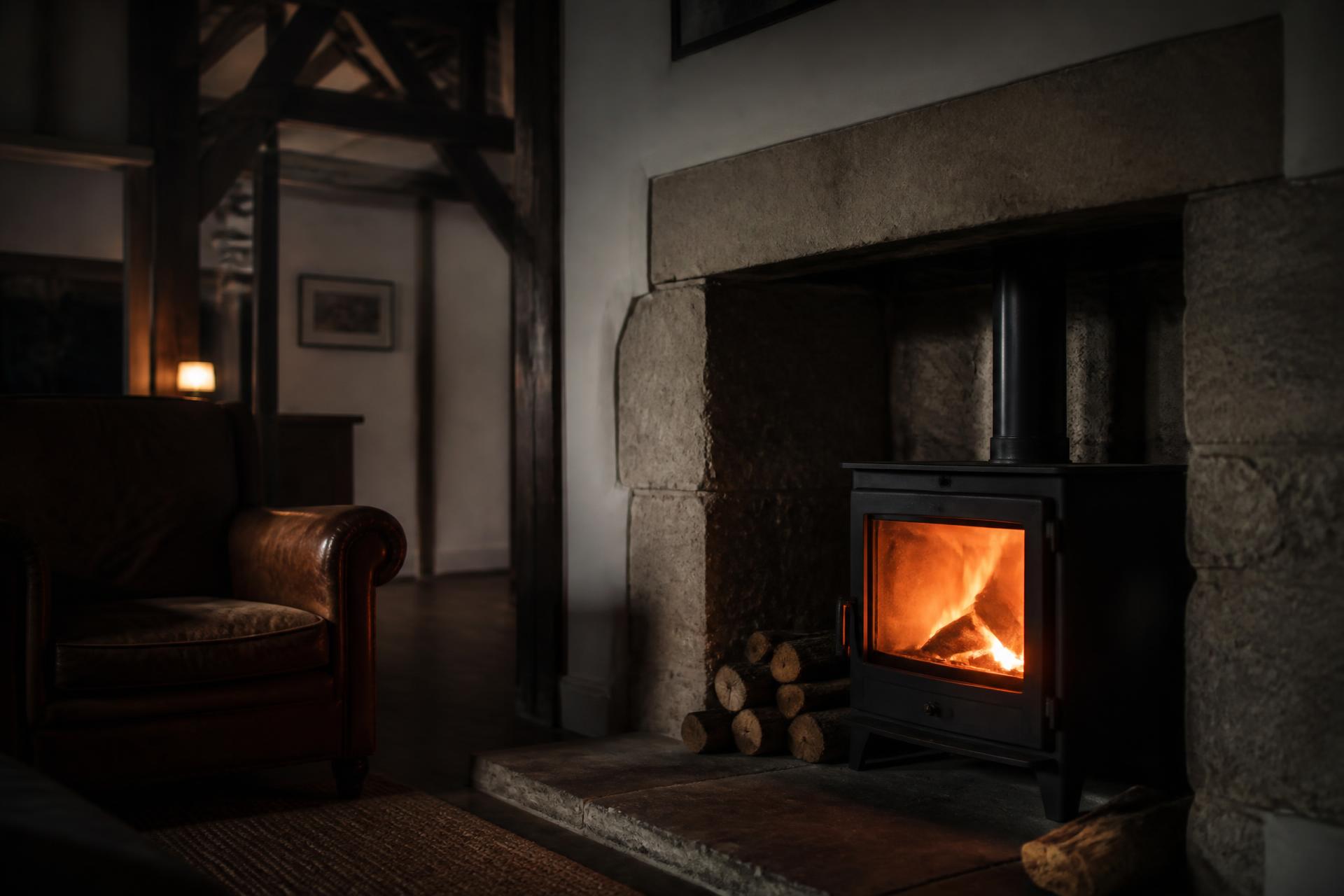 A wood burning stove alight in a limestone fireplace inside a restored Kentish oast house