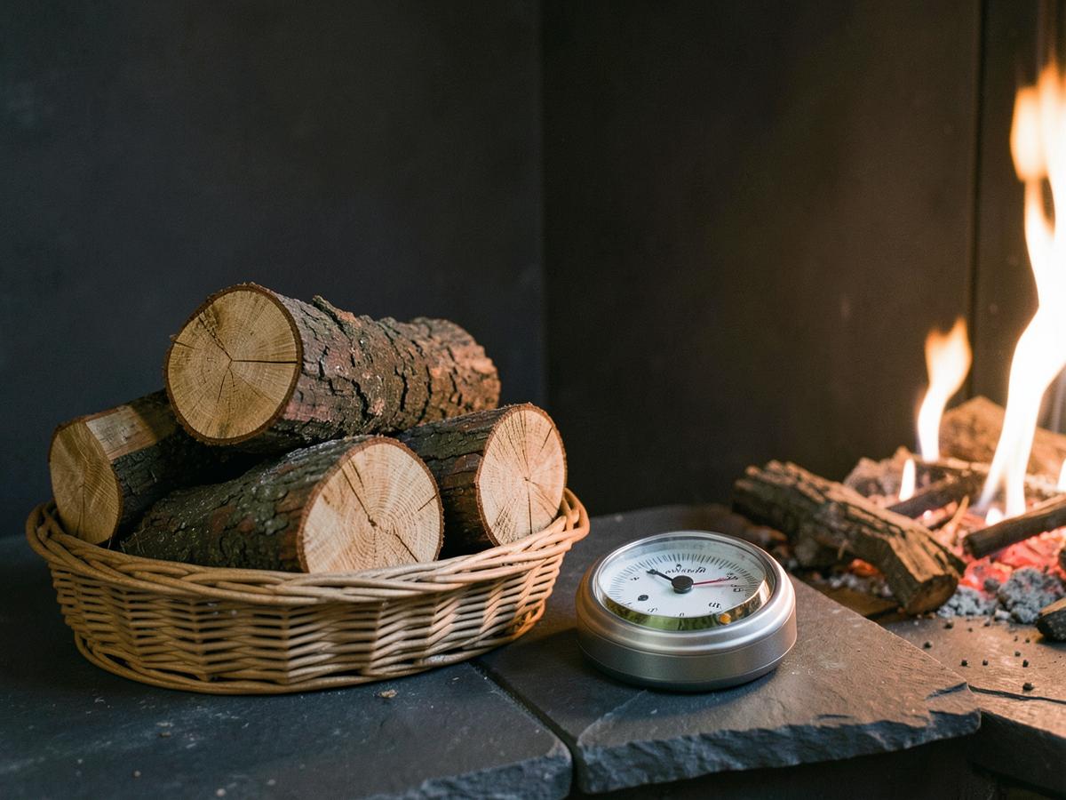 Split seasoned logs in a basket beside a moisture meter on a slate hearth