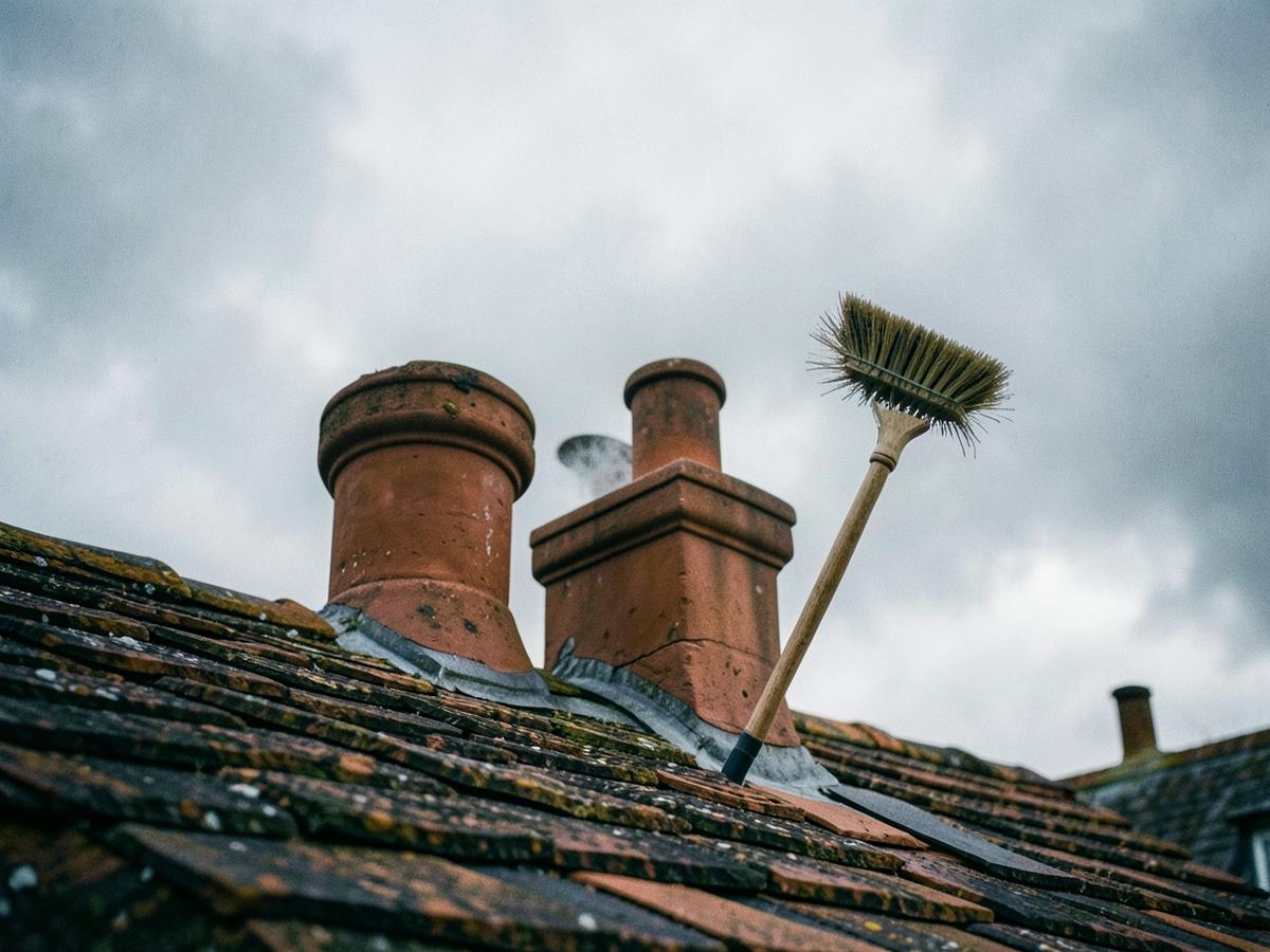 Victorian clay chimney pots on a Kent rooftop with a sweep brush emerging