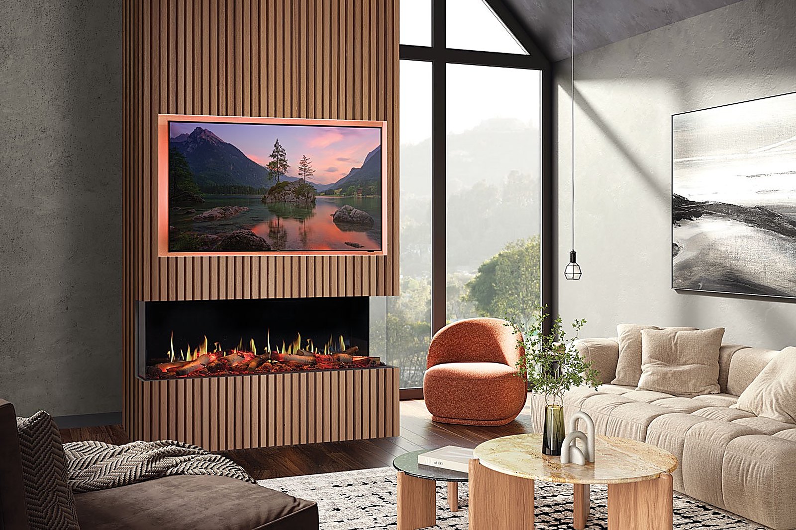 An Onyx Fusion 150 electric fire set into a dark media wall in the Burham showroom