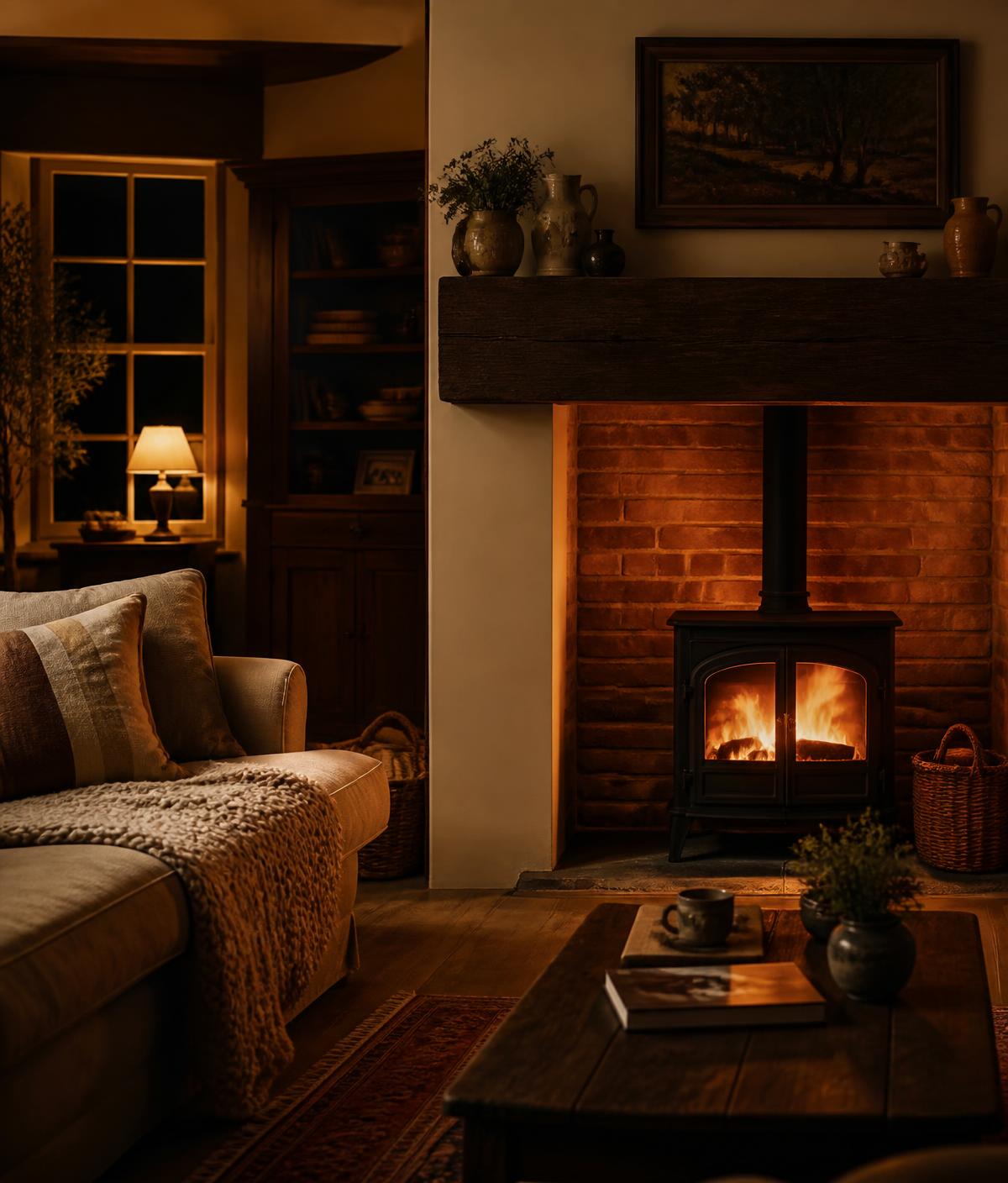 A log burner alight in a warm English cottage living room at night