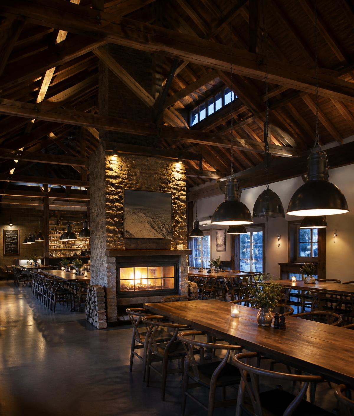A large wood burning stove in a converted barn used as a country pub dining room