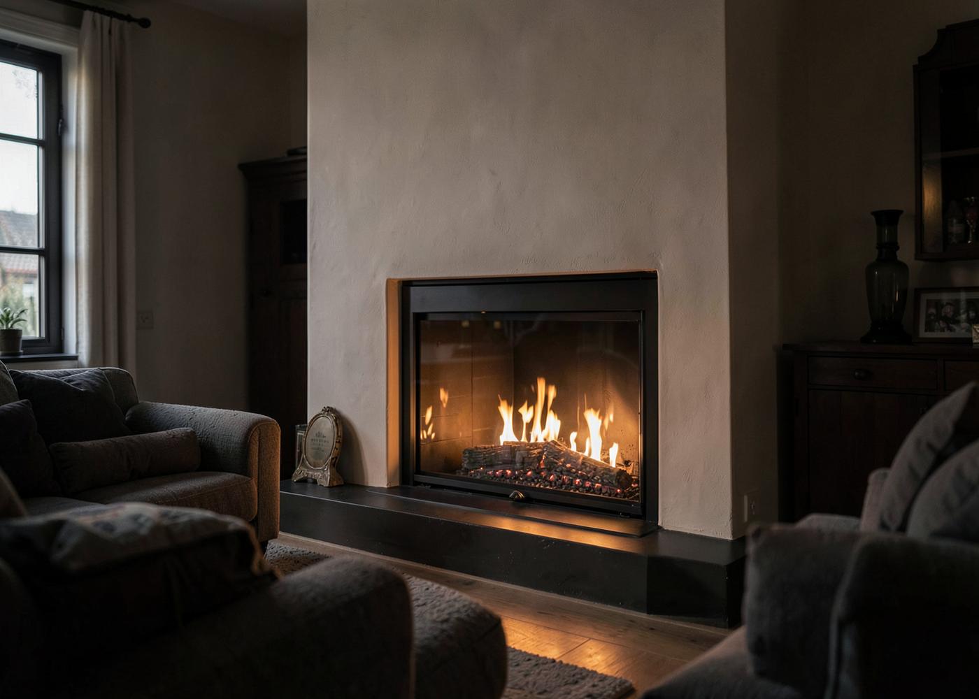 A contemporary glass fronted gas fire set into a pale plastered chimney breast