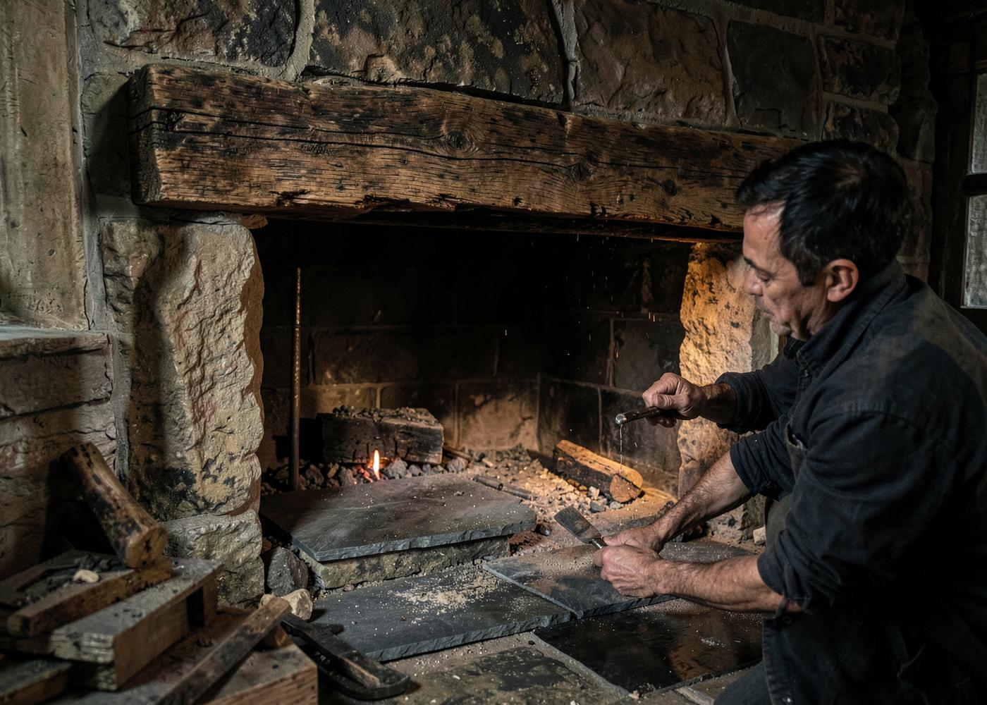 A reclaimed oak beam and slate hearth being fitted into a stone fireplace opening