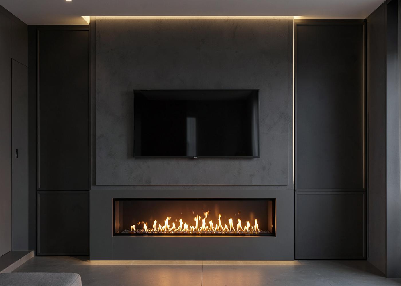 A modern media wall with a wide inset electric fire glowing below a mounted television