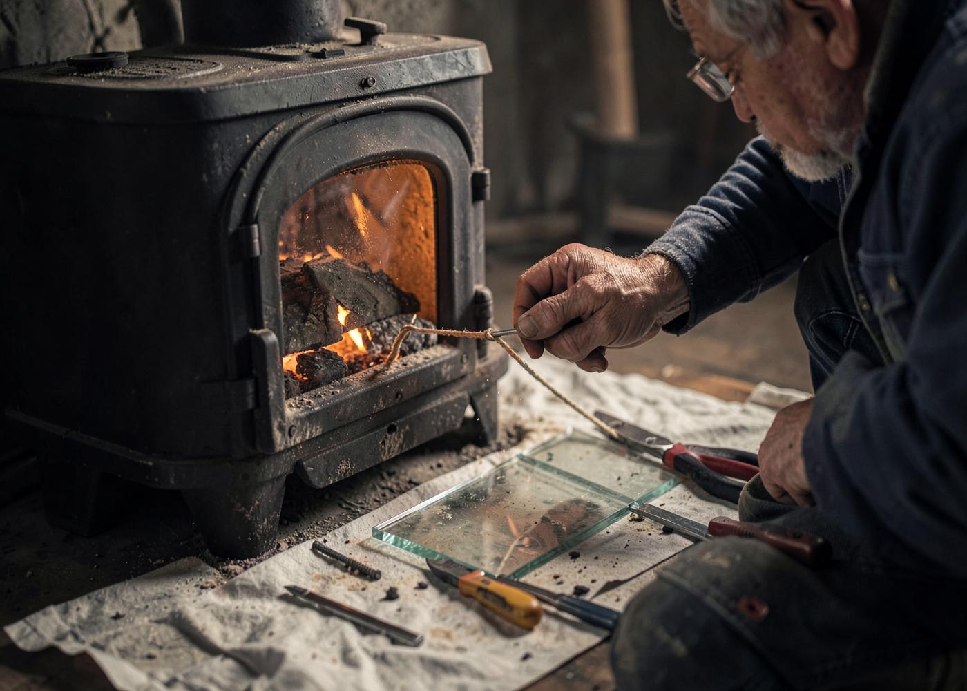An engineer replacing the door rope seal on a cast iron wood burning stove