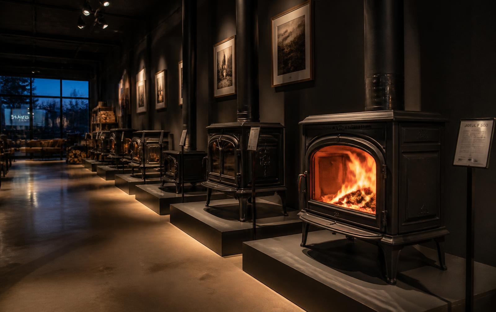 Rows of cast iron wood burning stoves lit in a dark showroom